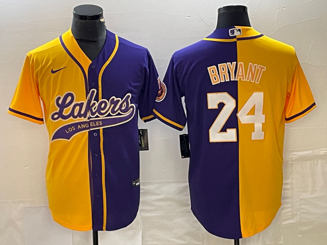 Men's Los Angeles Lakers Front #8 Back #24 Kobe Bryant Gold/Purple Split Cool Base Stitched Baseball Jersey